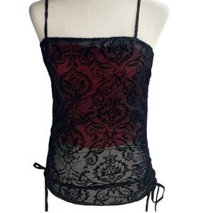 Sheer Mesh  Fairy Grunge Cami Top Ruched Sides Black & Red  Floral Sz Medium